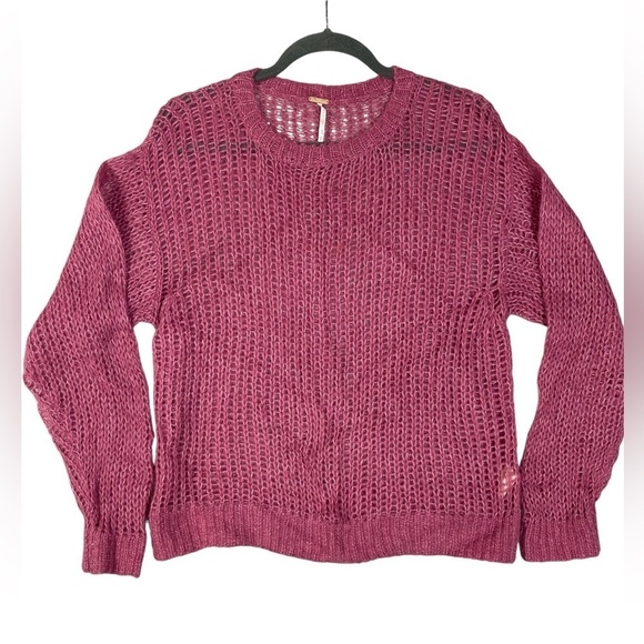 Free People open knit sweater alpaca wool blend S burgundy wine boho sheer - Picture 1 of 8